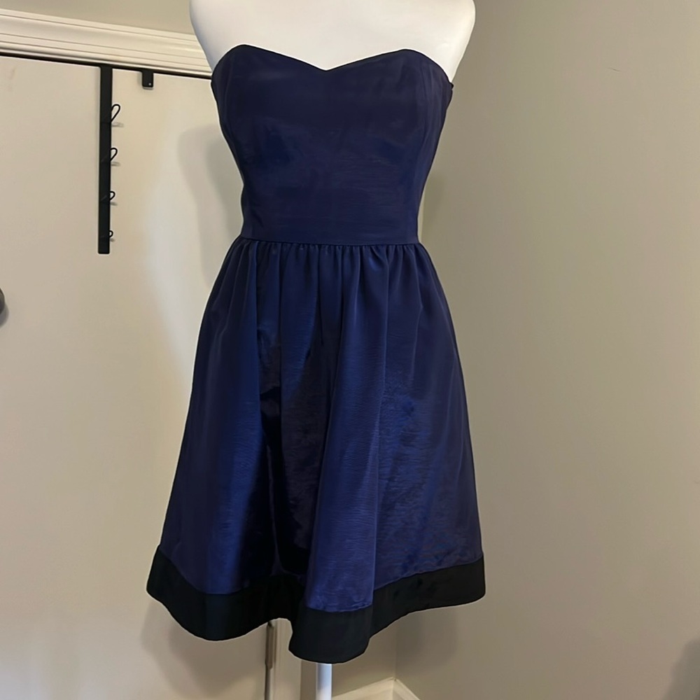 Thread Social Strapless Navy Blue Fit-and-Flare Dress with Black Hem